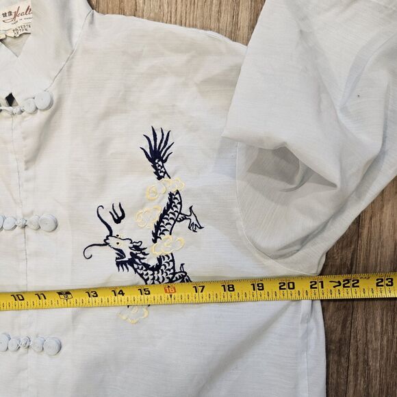 Vtg Chinese Kimono Top Womens L Blue Embroidered Dragons Pockets Short Sleeve - Picture 8 of 10
